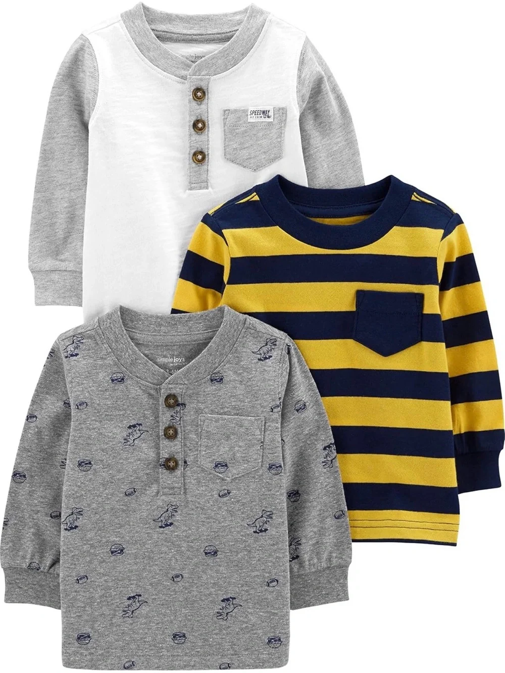 3Pc Carter's Navy & Yellow / Grey & White /Yellow & Grey Long Sleeve shirts